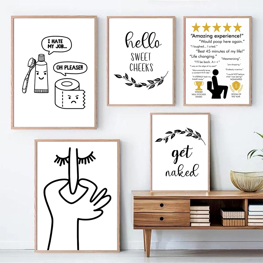 Home Bathroom Rules - 家の装飾のためのトイレキャンバス絵画、防臭、かわいい線、壁アート、面白いバスルームのルール、看板の写真