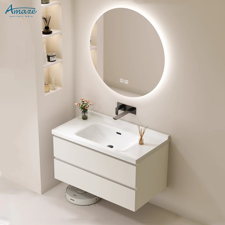 Home Living Bathroom Vanity - バスルームキャビネットモダンラグジュアリー無垢材バスルーム家具洗面台セラミック洗面器LEDミラー防曇防水バスルームキャビネット