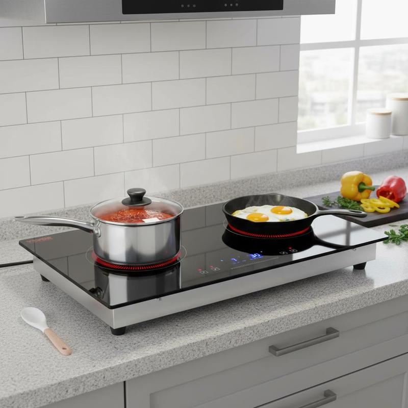 Home Kitchen & Bathroom - セラミックラジアントストーブ 24インチ アパート/家庭用キッチン/RV用、1800W ダブルバーナー内蔵ガラス調理パネル タッチコントロールタイマー チャイルドロック