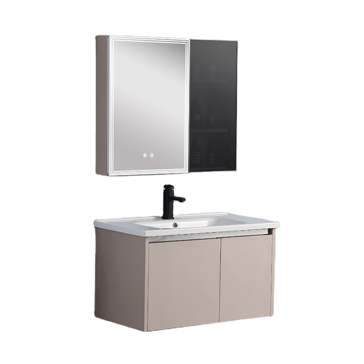 Home Living Bathroom Vanity - バスルームキャビネットモダンホワイトステンレススチールセラミック洗面台スマートミラーバニティセット壁掛けキャビネット付き