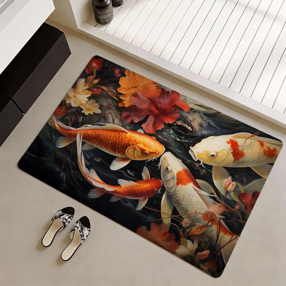 Home Goods Bathroom Decor - 幸運をもたらす鯉の魚のフロアマット ソフトフランネル滑り止めドアマット - リビングルームの家の装飾用の厚手の敷物