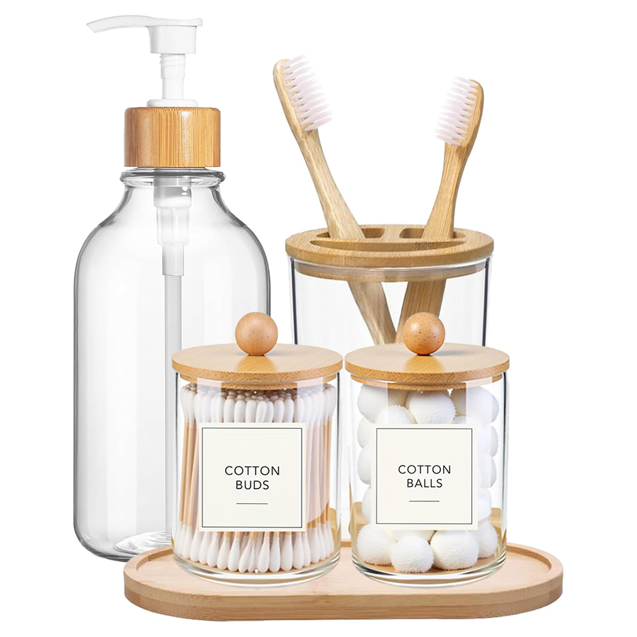 Zara Home Bathroom Set - 5点セット 竹製バスルームアクセサリーセット（トレイ付き） - プラスチック製ソープディスペンサー、クリア歯ブラシホルダー、綿棒ホルダー2個、コットンボール