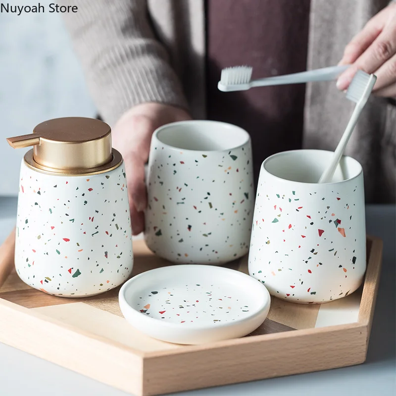 Zara Home Bathroom Set - ヨーロピアンバスルームデコレーションセット、テラゾーセラミック、エマルジョンボトル、うがいカップ、ソープディッシュ、画材