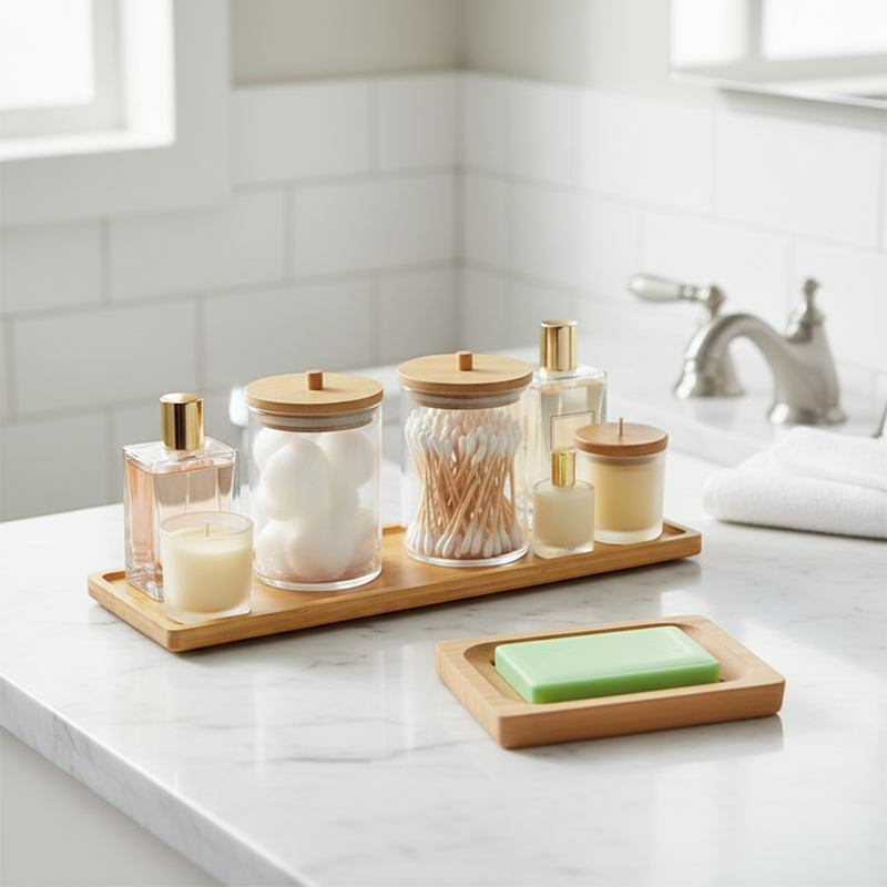 Zara Home Bathroom Set - 竹製バスルームアクセサリーセット 2個 - バーソープディッシュホルダーと竹製トレイ（バスルーム、キッチンカウンター、シャワー用）