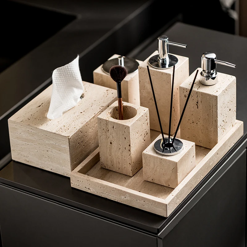 Zara Home Bathroom Set - ベージュトラバーチンバスルームセット天然大理石ソープディスペンサーリードディフューザーティッシュボックストレイバスルームアクセサリー