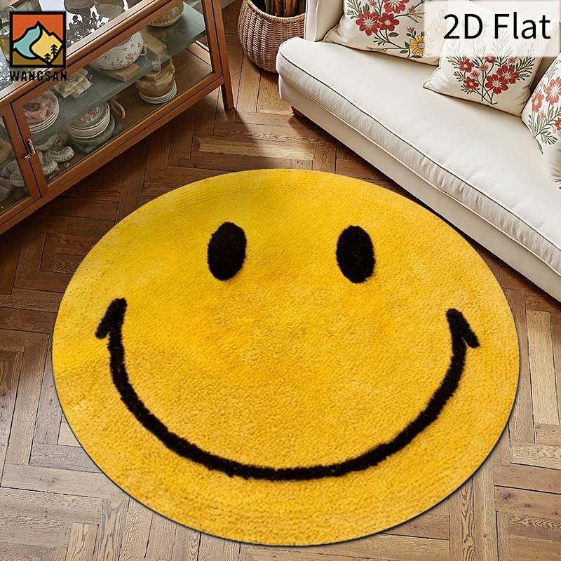 Home Bathroom Floor Mats - 2Dラウンドフランネルラグ スマイルフェイスデザイン ソフトフロアマット ホームデコレーション キッズルーム プレイエリア