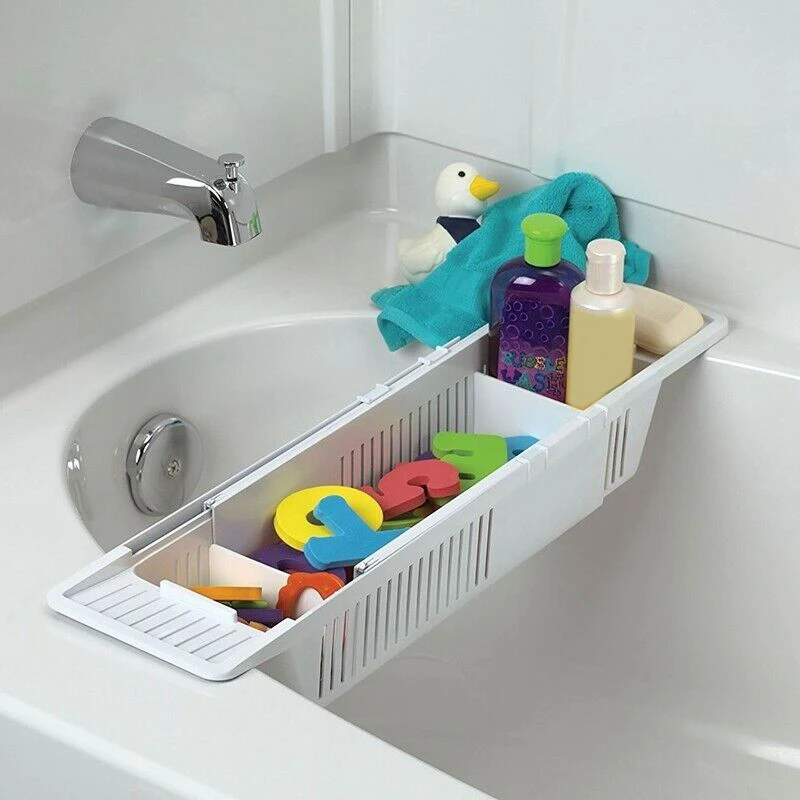 Bath Caddy Tray - バスタブ用格納式多機能バスルーム収納ブラケット排水棚ラックバスおもちゃオーガナイザー