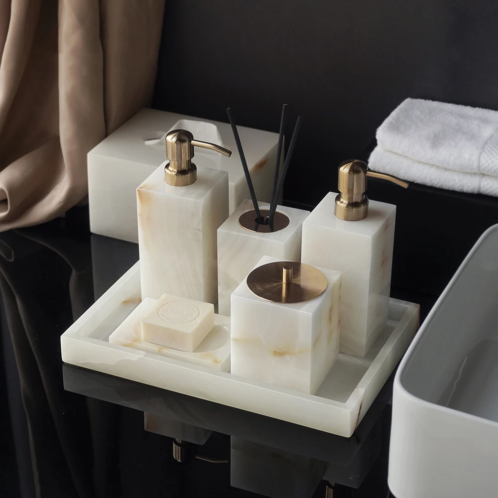 Zara Home Bathroom Set - 白オニキス天然大理石バスルームアクセサリーセット エレガントなソープディスペンサー ティッシュボックス バニティトレイ バスルームセット