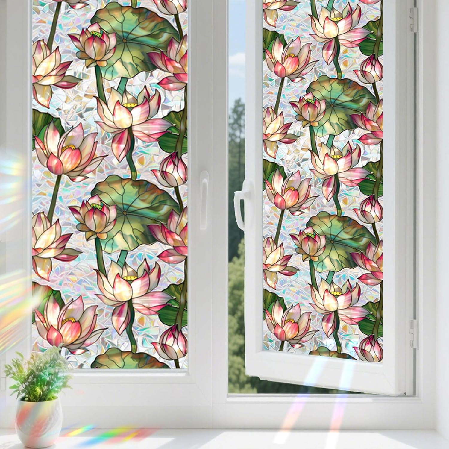 Home Bathroom Window Tint - レインボーロータスステンドグラスウィンドウフィルム、プライバシーガラスステッカー、UVブロック断熱取り外し可能な窓用ティント、家庭用バスルーム用