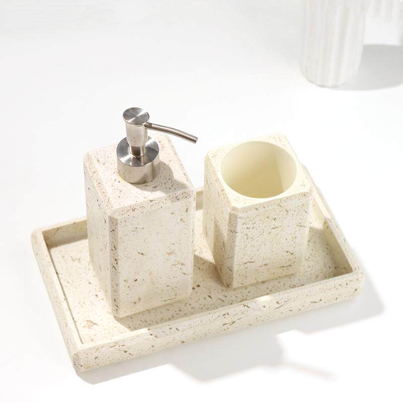 Zara Home Bathroom Set - 砂と砂利の樹脂製ハンドサニタイザーボトル、高級浴室用エマルジョンプレス包装ボトル、浴室用トレイオーナメントセット