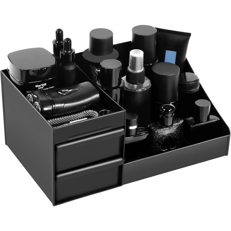 Bath Caddy Tray - 黒のスキンケアオーガナイザー（引き出し付き）、大容量、化粧台用コスメ収納ボックス、多層構造、香水・トイレタリー用品収納、バスルームデスクトップメイクアップキャディー