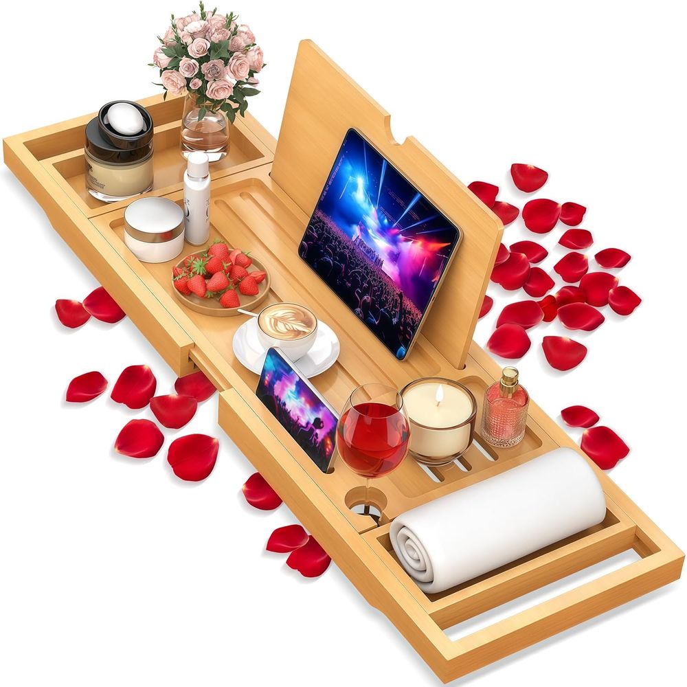 Bath Caddy Tray - エレガントな竹製バスキャディー、調節可能な側面付き、ほとんどの浴槽やバスアクセサリーに適した多用途の木製トレイ