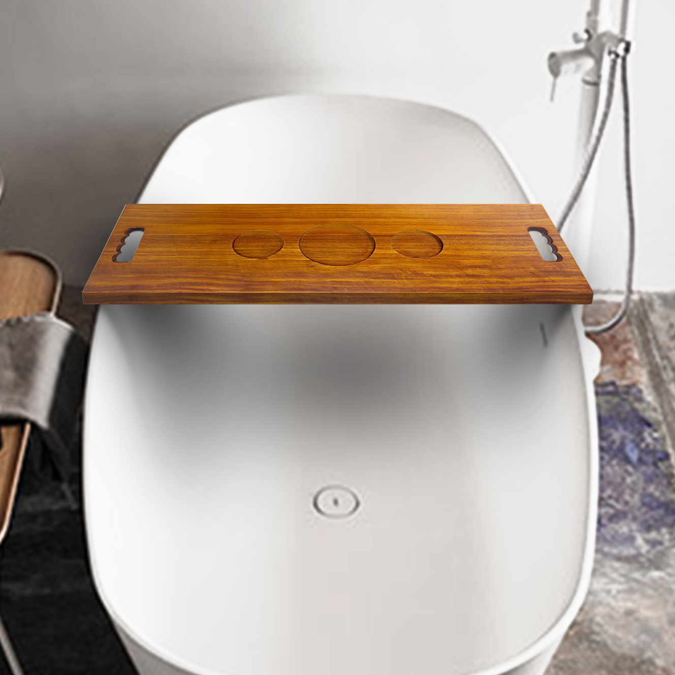 無垢材バスタブトレイ（石鹸ホルダー＆キャンドル溝付き）- ナ - Bath Caddy Tray のレビューと価格