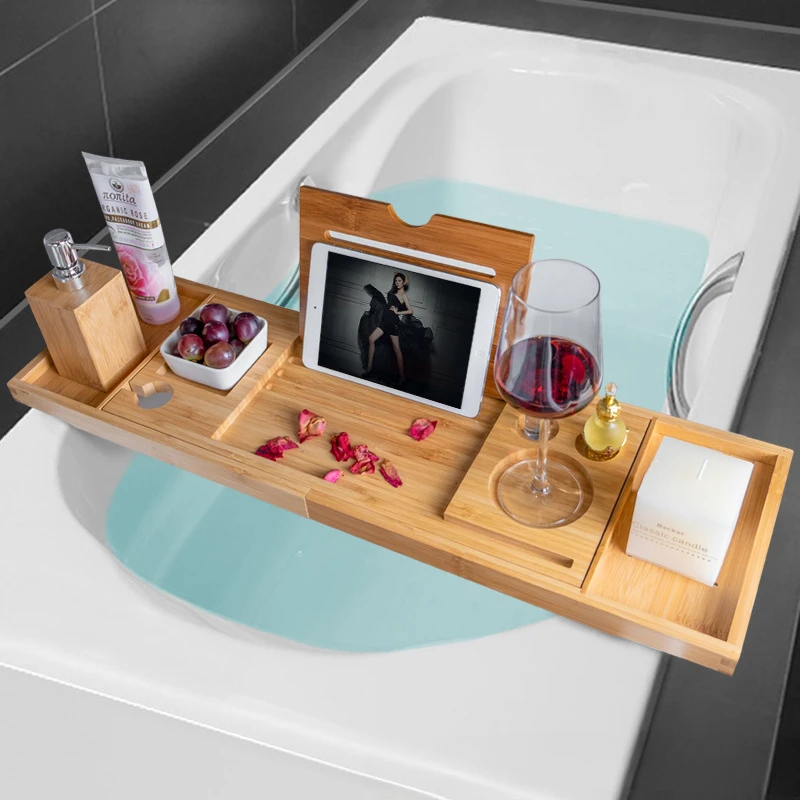 拡張可能なスパ浴槽用竹製バスタブトレイ、オーガナイザーラック - Bath Caddy Tray のレビューと価格
