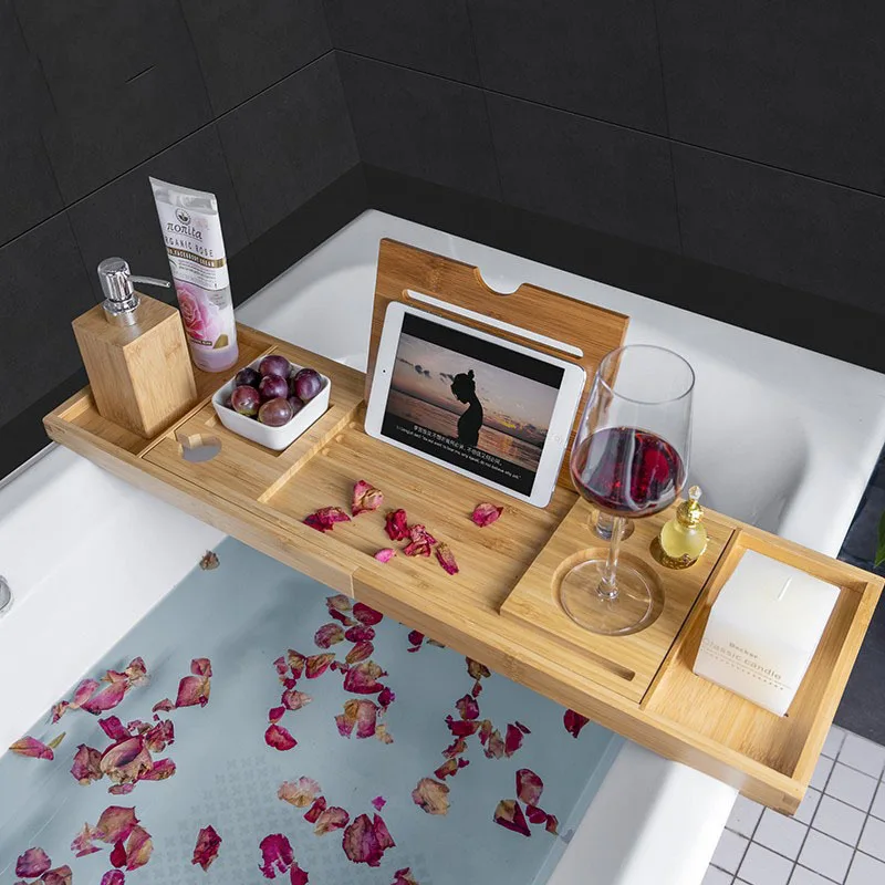 拡張可能なスパ浴槽用竹製バスタブトレイ、オーガナイザーラック - Bath Caddy Tray のレビューと価格
