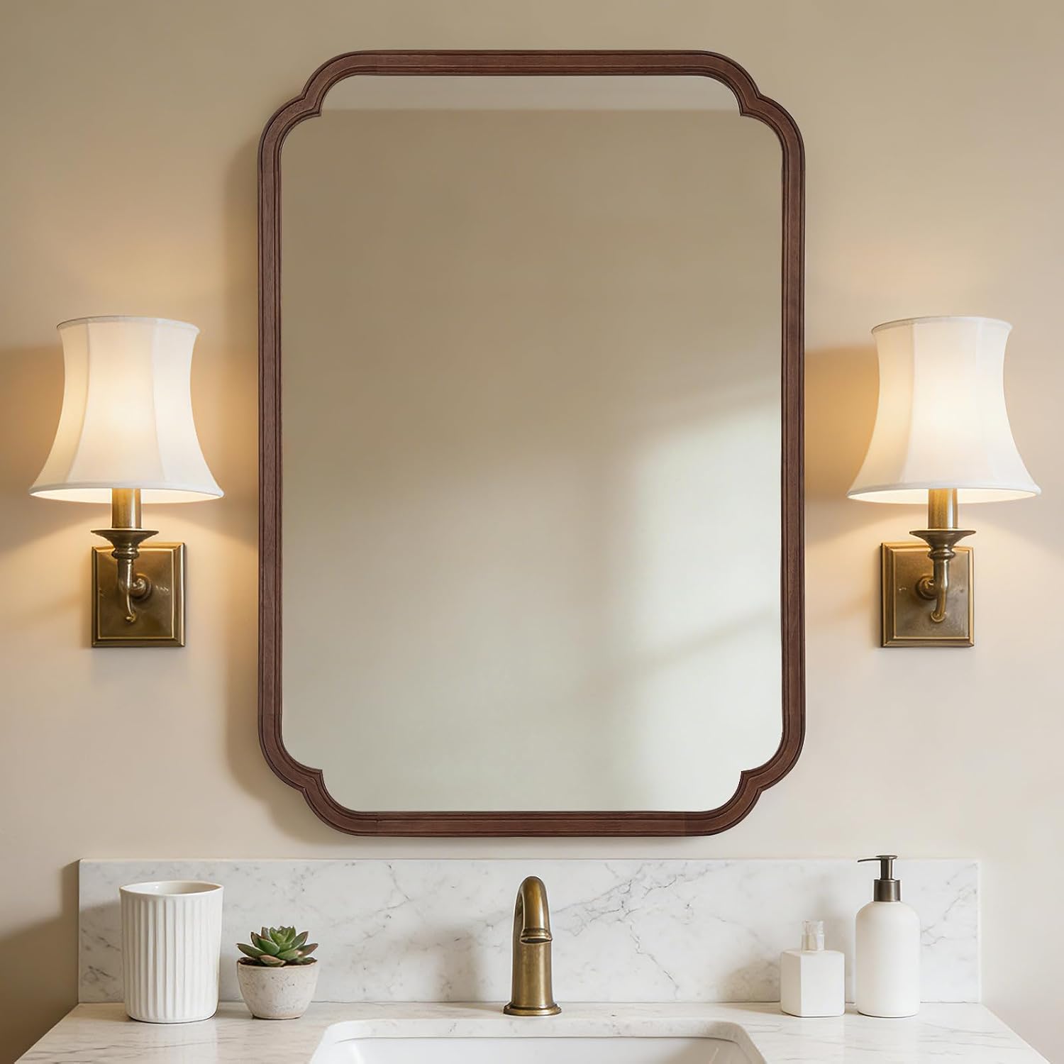 28インチ x 40インチの木製壁掛け浴室鏡、素朴な丸角の洗 - Home Living Bathroom Vanity のレビューと価格