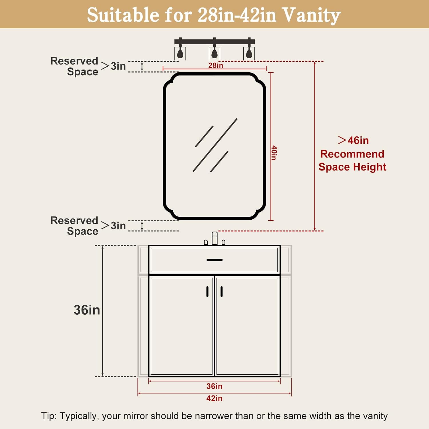 28インチ x 40インチの木製壁掛け浴室鏡、素朴な丸角の洗 - Home Living Bathroom Vanity のレビューと価格