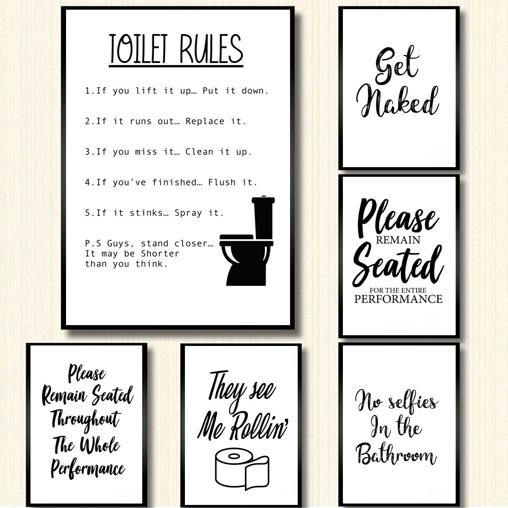 壁アートキャンバス絵画面白い浴室ルールサイン北欧黒、白のポス - Home Bathroom Rules のレビューと価格