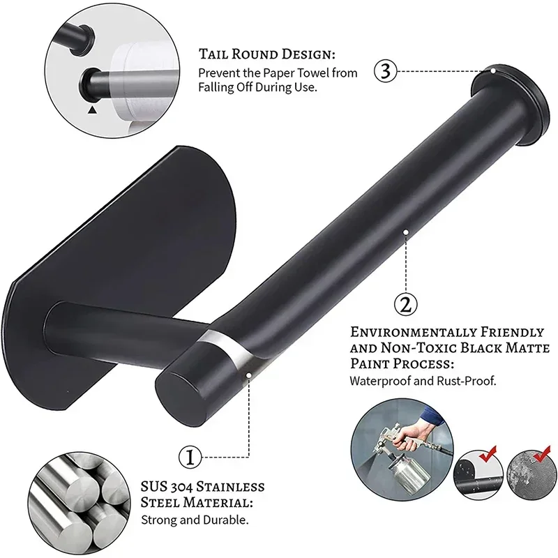 黒色の粘着式トイレットペーパーホルダー、穴あけ不要の壁掛けロ - Home Bathroom Paper Towel Holder のレビューと価格