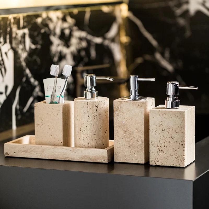 ベージュトラバーチンバスルームセット天然大理石ソープディスペ - Zara Home Bathroom Set のレビューと価格