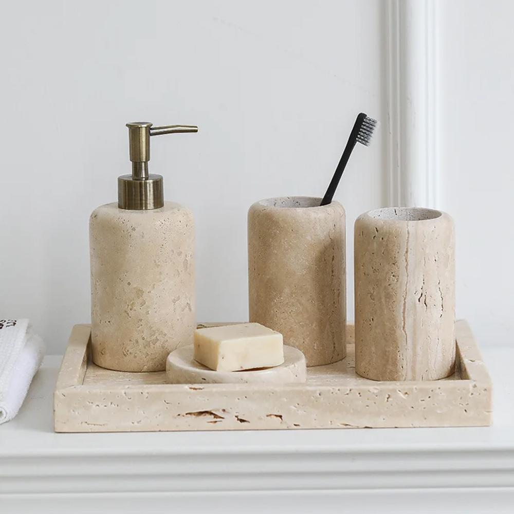 北欧風洞窟石風バスルームセット ローションボトル 歯ブラシ収 - Zara Home Bathroom Set のレビューと価格