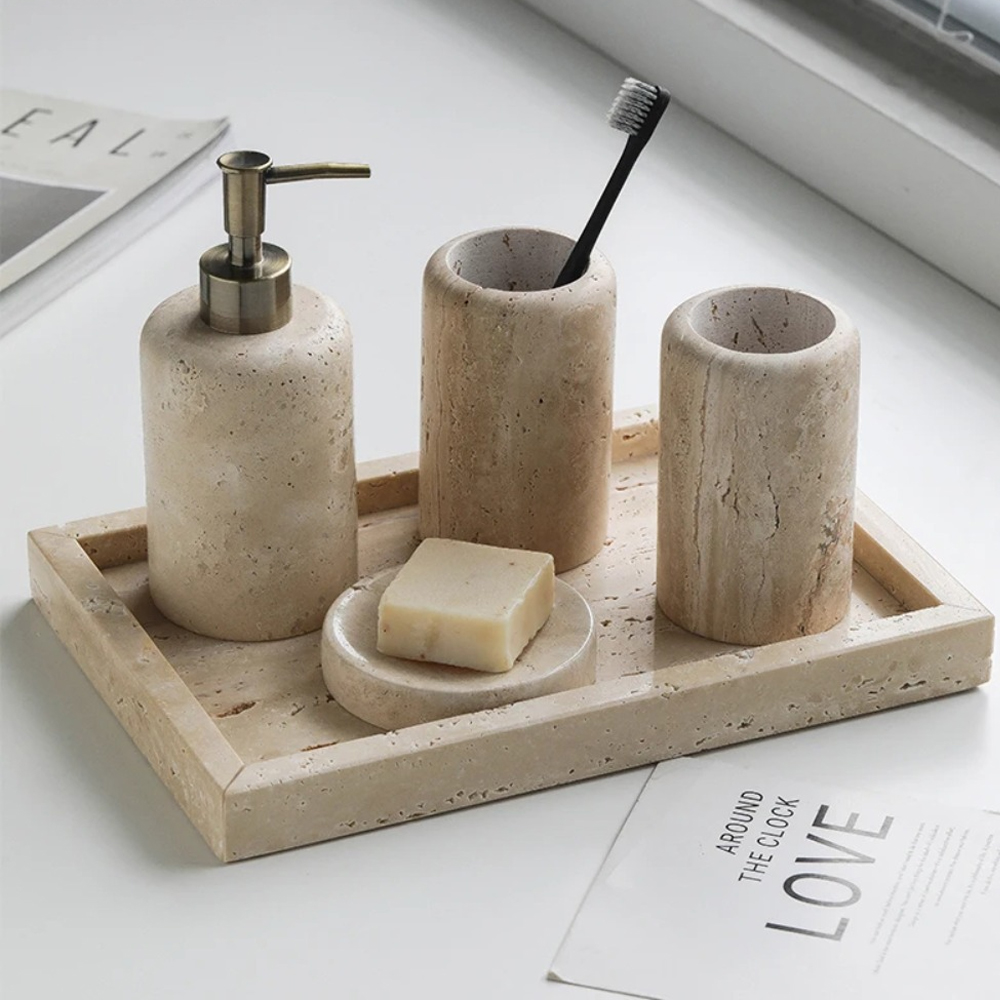 北欧風洞窟石風バスルームセット ローションボトル 歯ブラシ収 - Zara Home Bathroom Set のレビューと価格