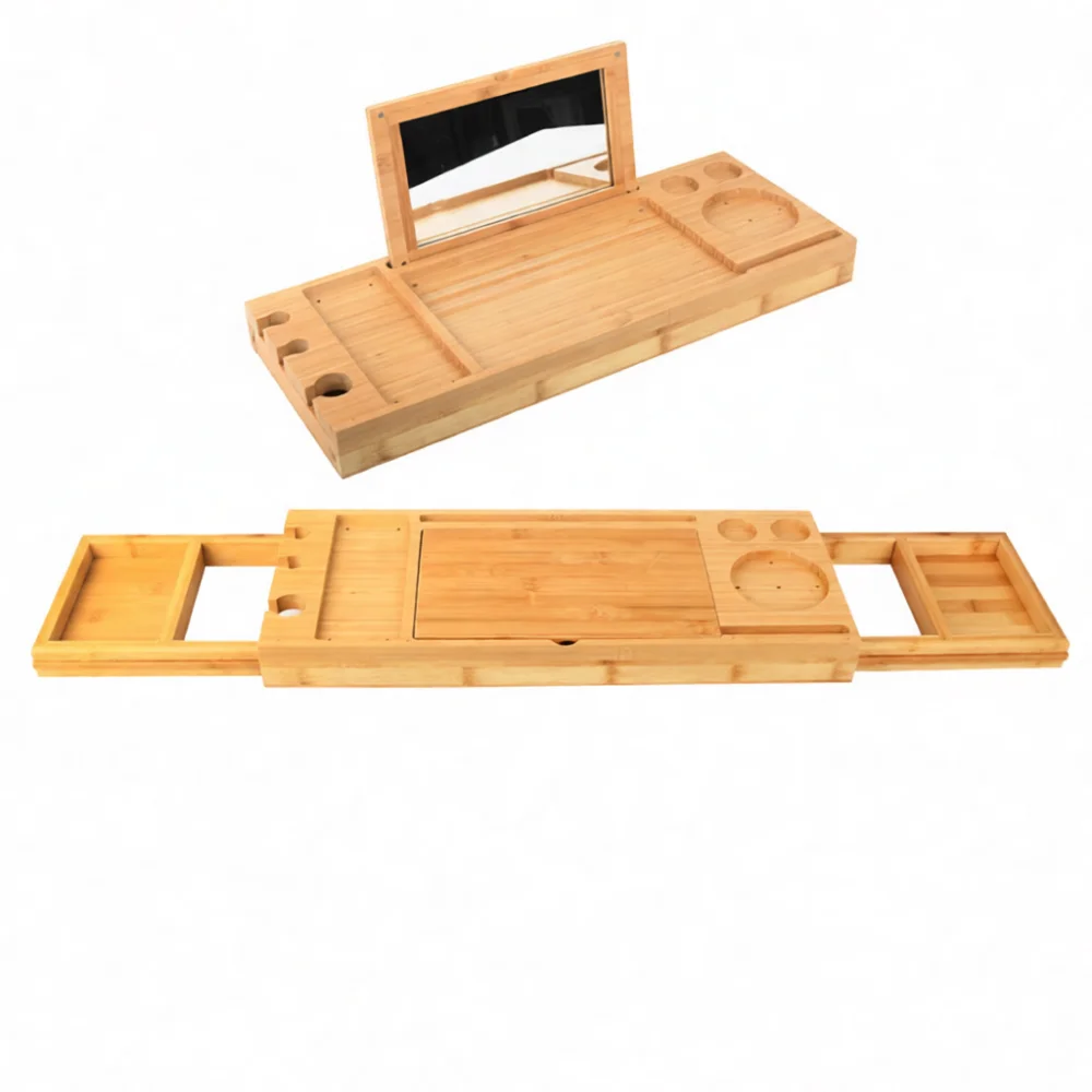 高級調整可能バスタブキャディートレイ 竹製バスシェルフオーガ - Bath Caddy Tray のレビューと価格