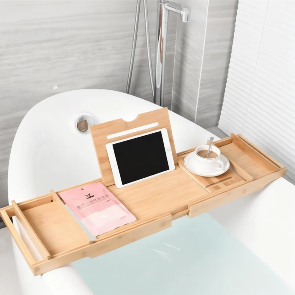 高級調整可能バスタブキャディートレイ 竹製バスシェルフオーガ - Bath Caddy Tray のレビューと価格
