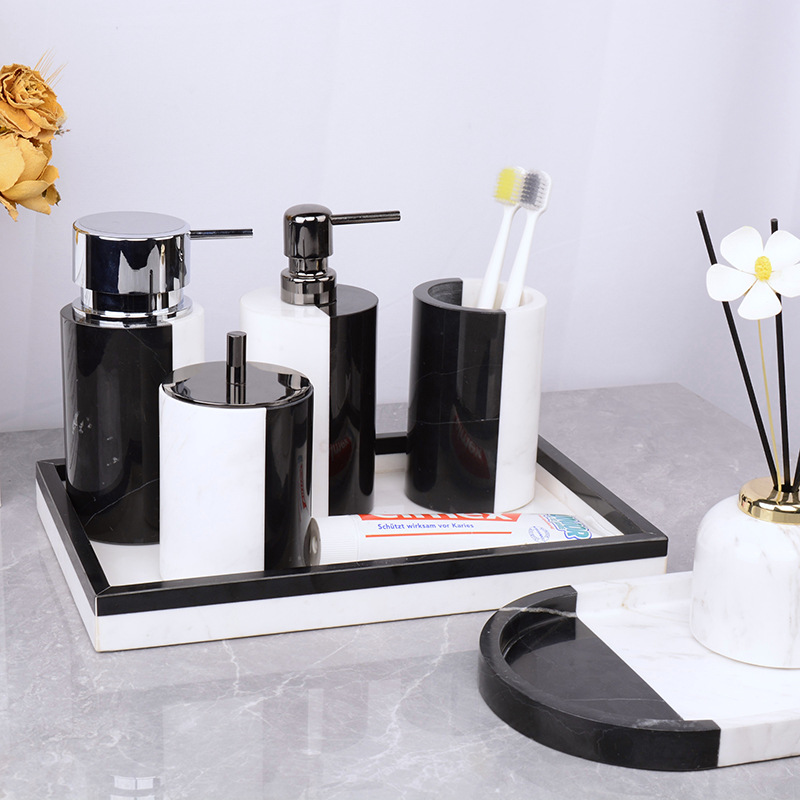 大理石の黒い泡ディスペンサーセット,歯磨き粉ホルダー,石鹸皿 - Zara Home Bathroom Set のレビューと価格