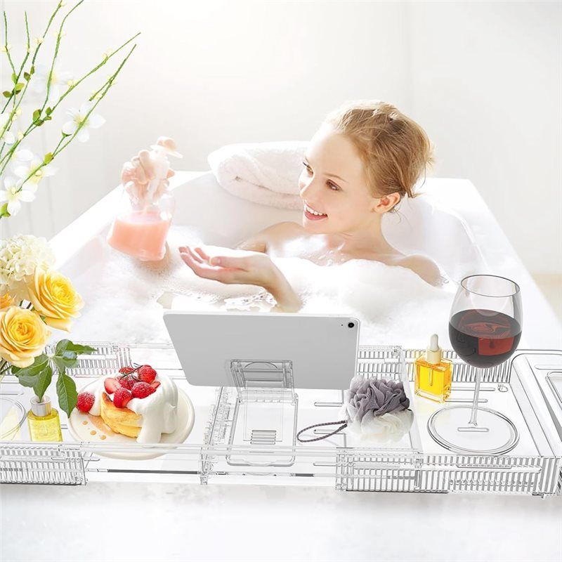 AEE2-拡張可能な浴槽用排水キャディトレイ、多機能アクリル - Bath Caddy Tray のレビューと価格