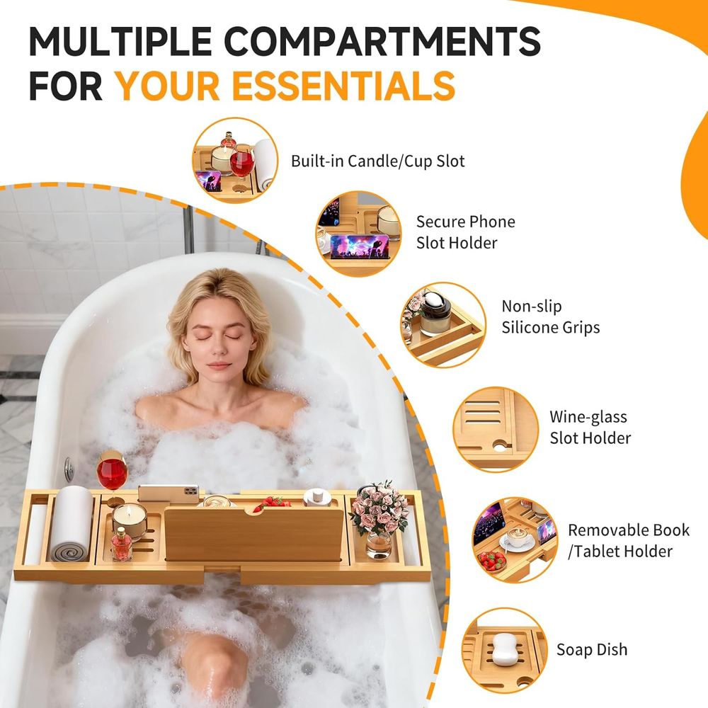 エレガントな竹製バスキャディー、調節可能な側面付き、ほとんど - Bath Caddy Tray のレビューと価格