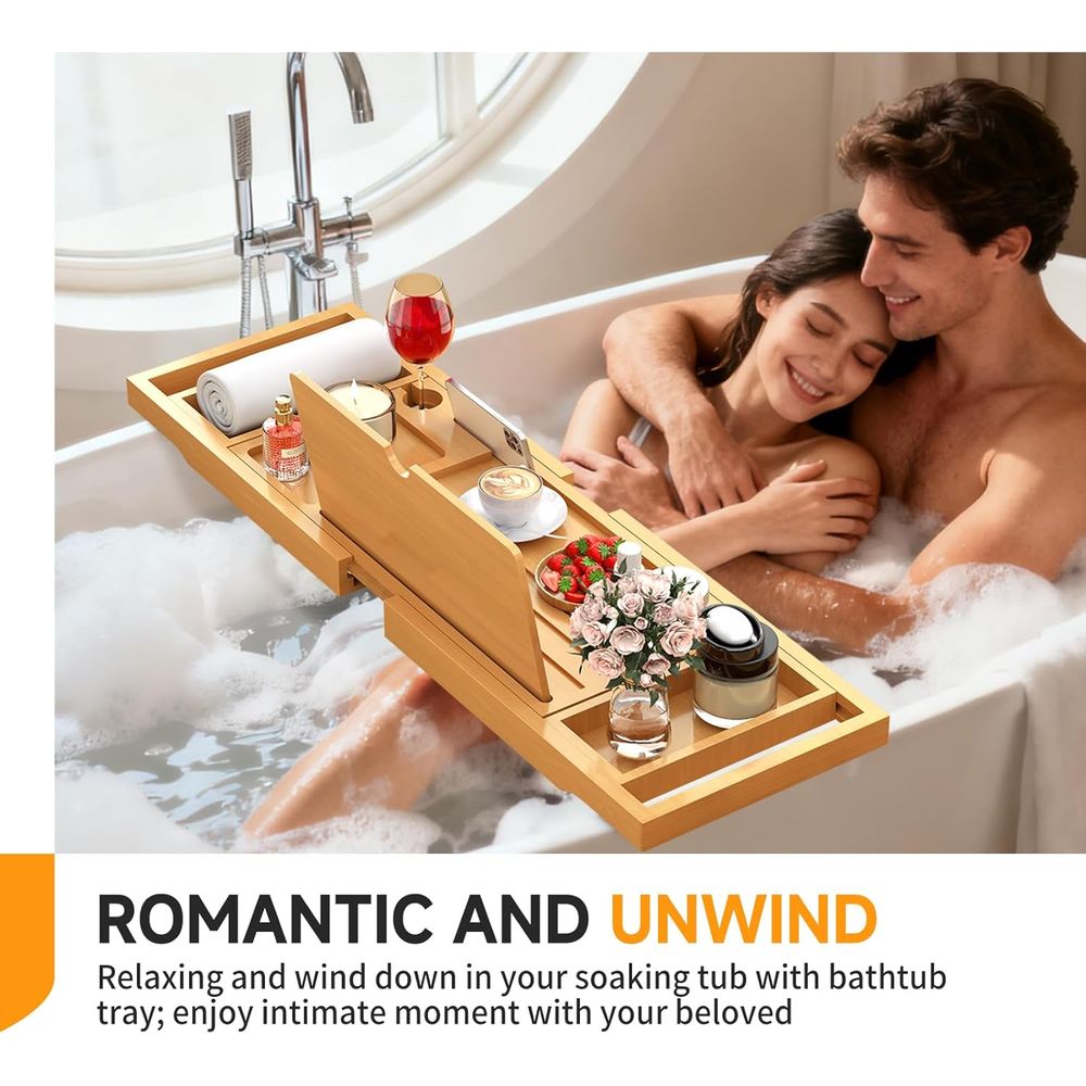 エレガントな竹製バスキャディー、調節可能な側面付き、ほとんど - Bath Caddy Tray のレビューと価格